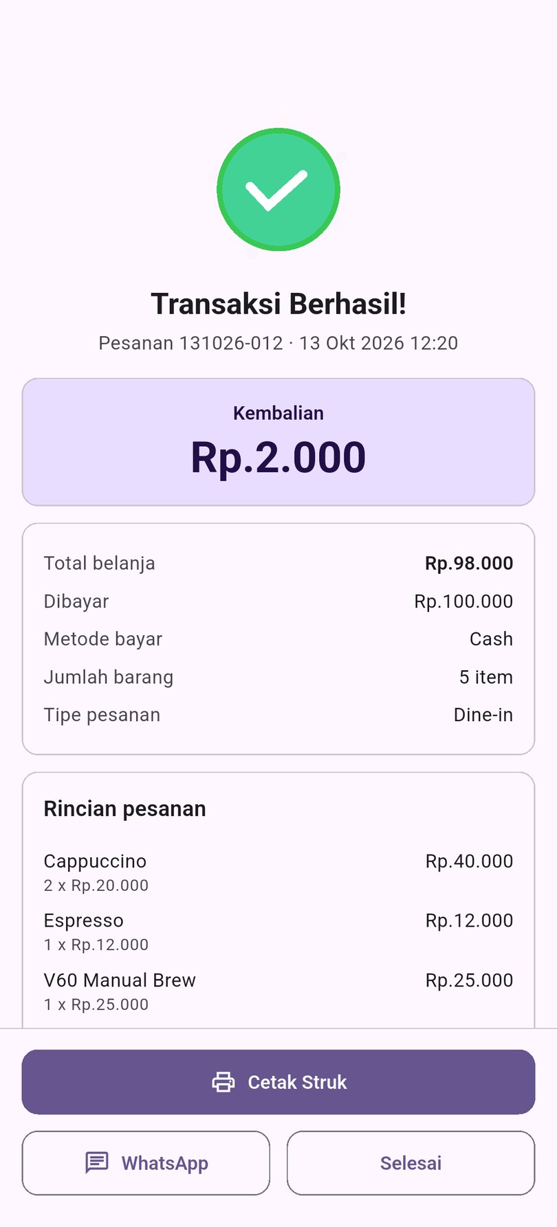 Transaksi berhasil dan cetak struk